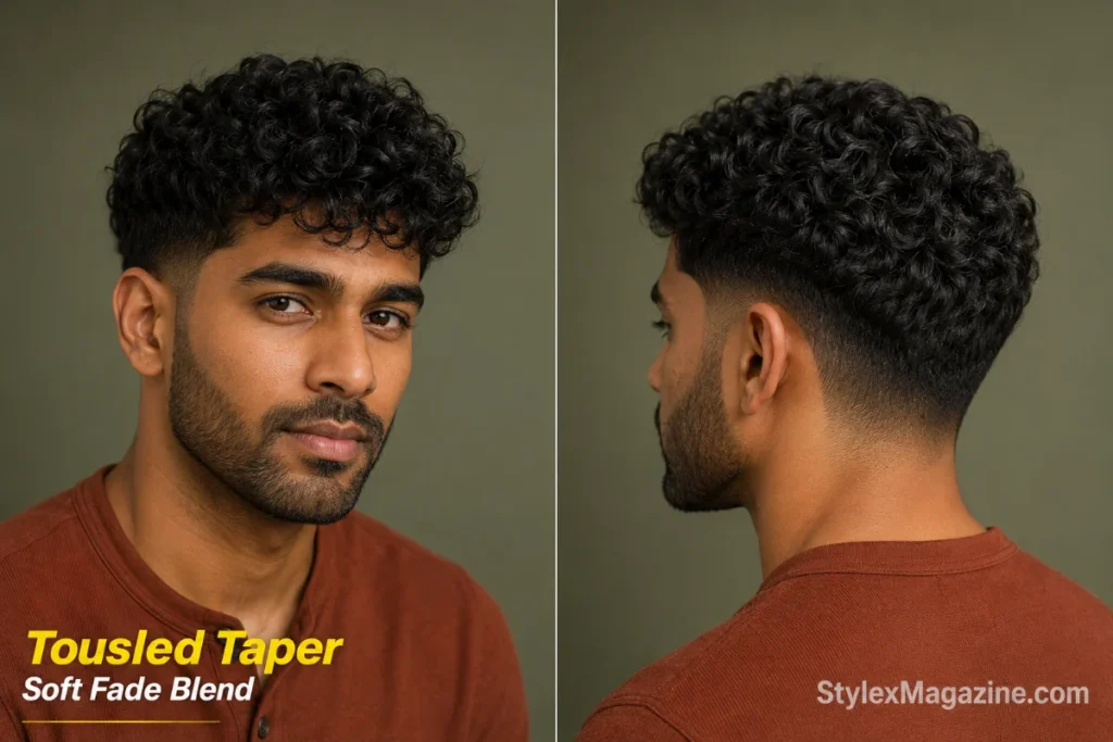 Man with tousled short curls on top and a gradual taper fade around the ears and neckline