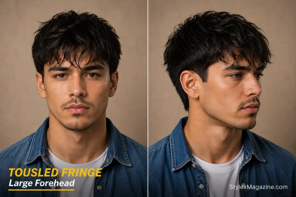 Messy tousled fringe haircut for men with a large forehead, front and side view