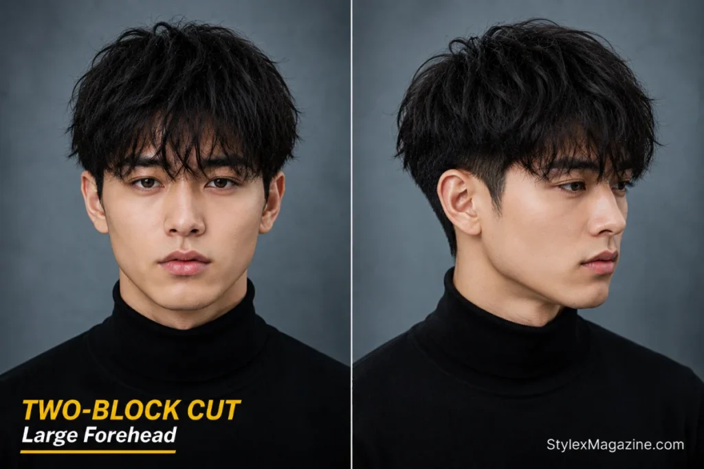 wo-block cut hairstyle for men with a large forehead, front and side view