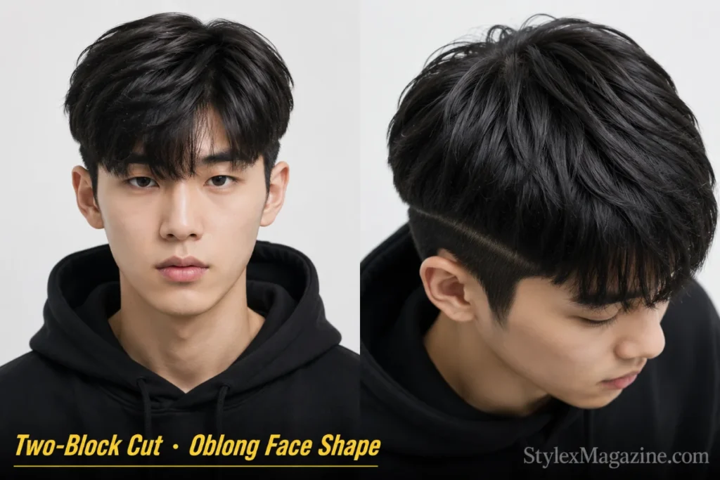 Two-block cut on a man with oblong face shape, disconnected longer top from short sides, clean block line at temple
