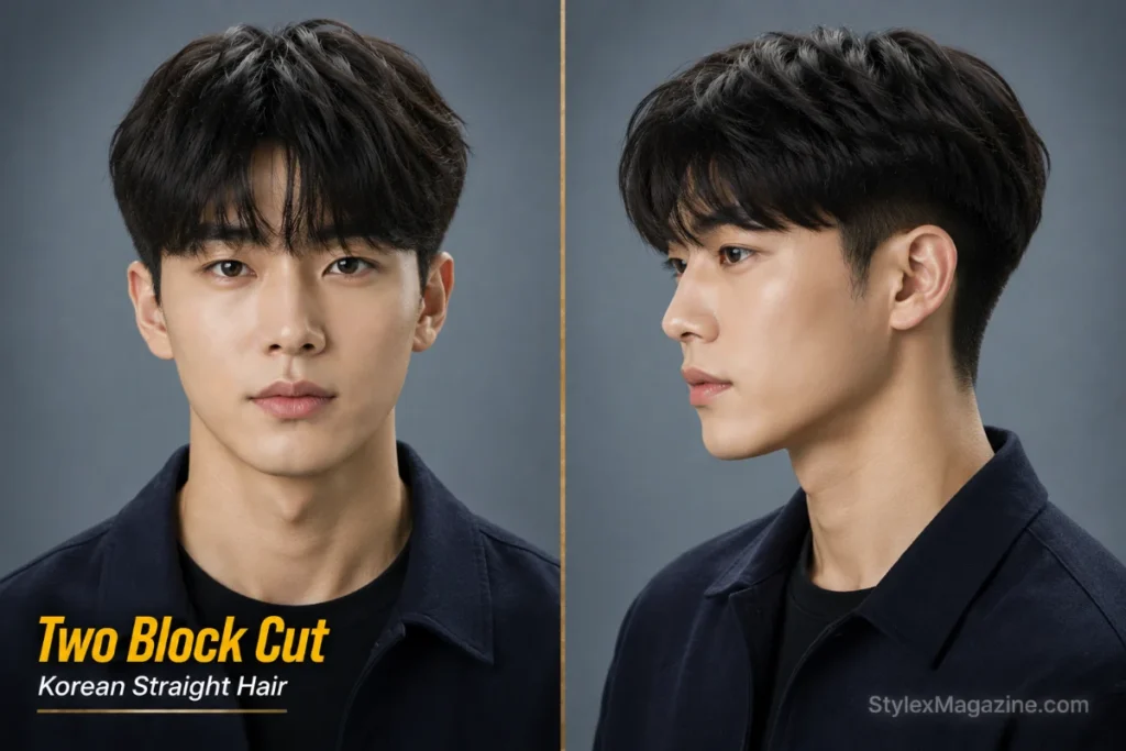 Two block haircut for men with straight hair featuring a disconnected top and short sides.