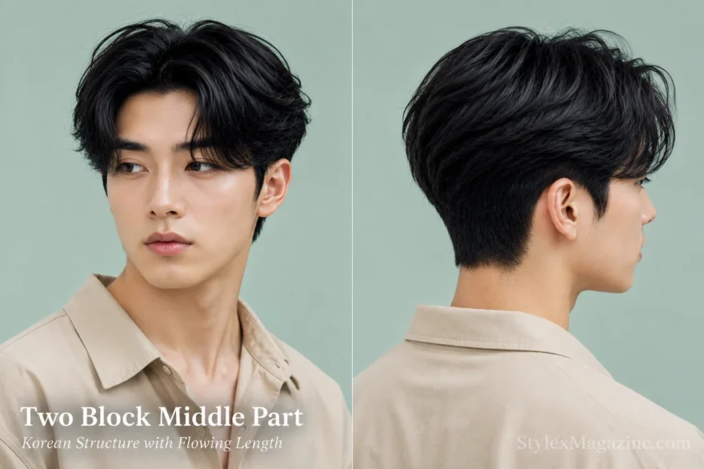 East Asian man with a Korean two block haircut and flowing six-inch middle-parted top.