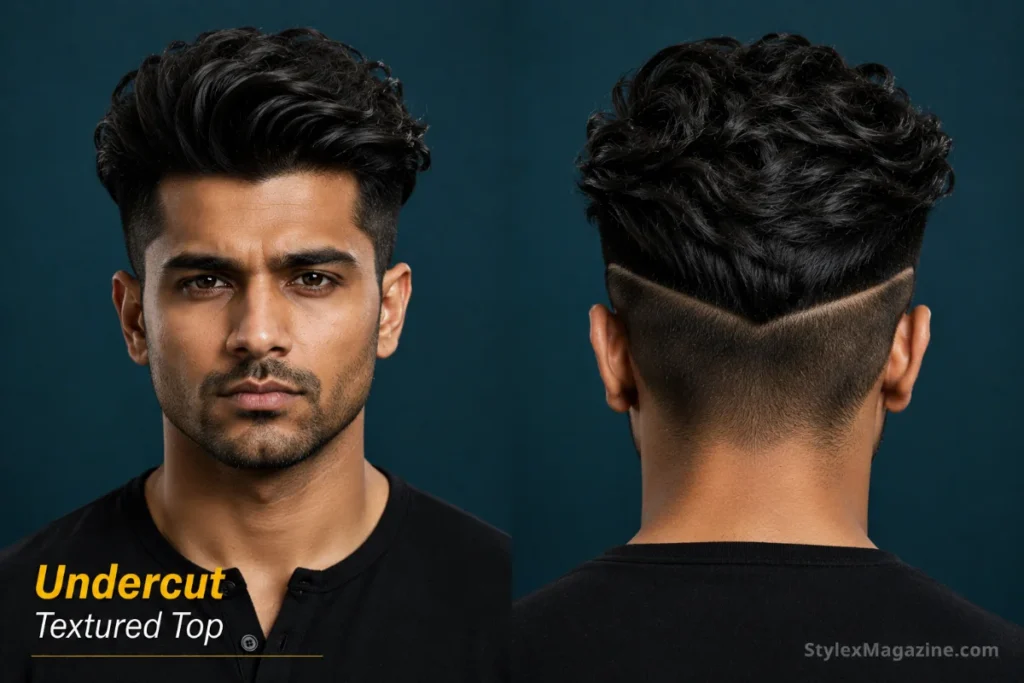 Undercut with textured top on square face showing sharp disconnection with heavy texture softening crown