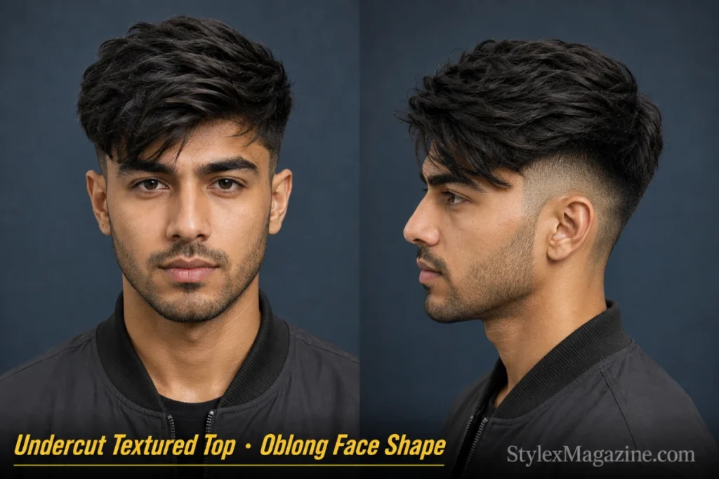 Undercut with textured top on a man with oblong face shape, low disconnection at temple, top hair pushed sideways