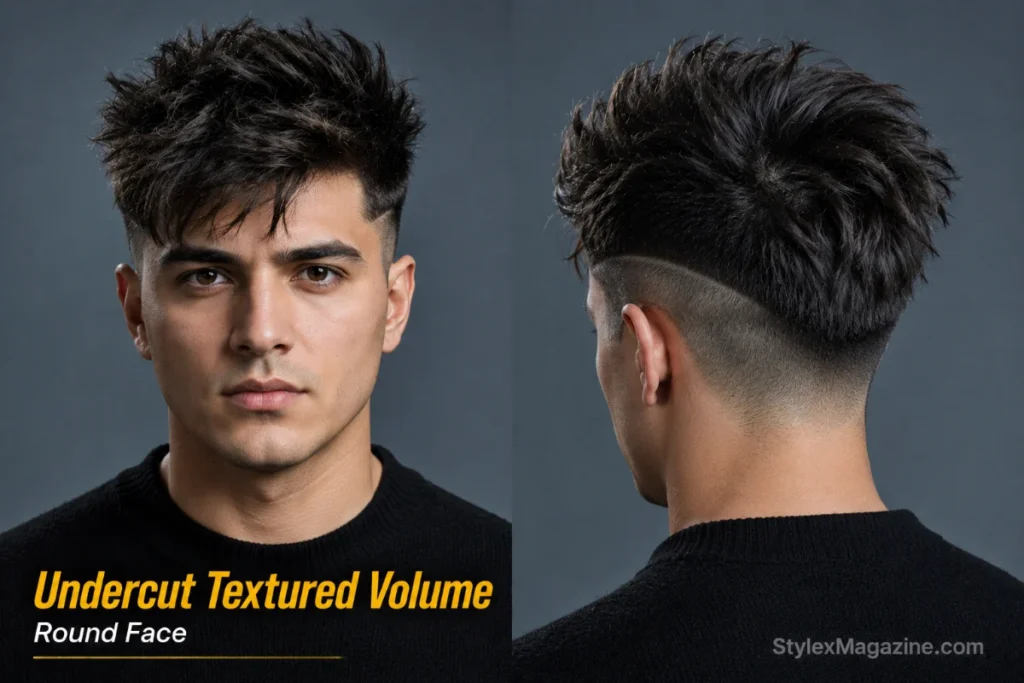 Undercut with textured volume on round face showing sharp disconnection with heavy top texture