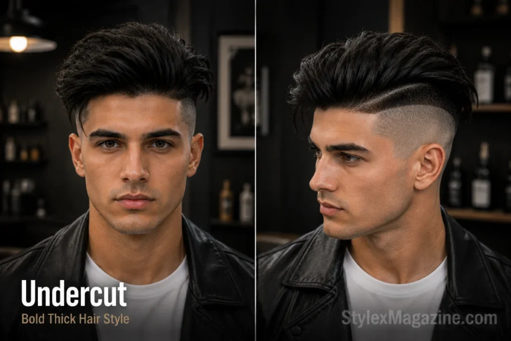 Disconnected undercut haircut with long top for men with thick straight hair