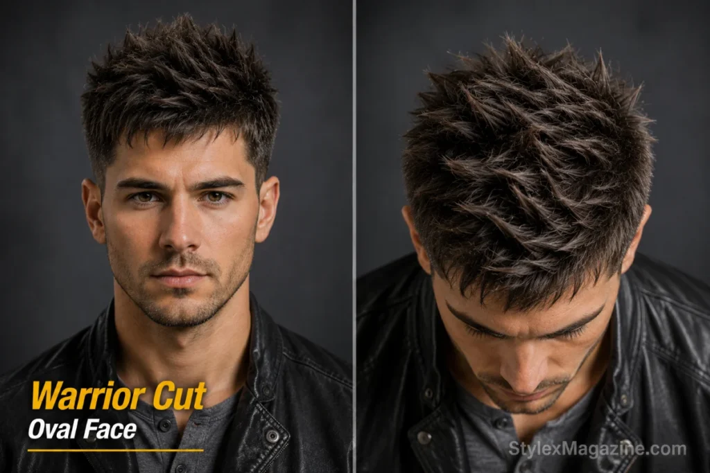Warrior cut on oval face showing spiked textured layers on top with short tapered sides