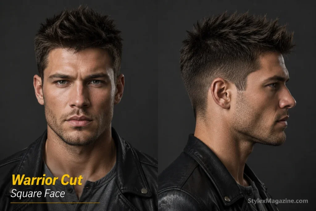 Warrior cut on square face showing textured spiked layers with tapered sides sharpening angular