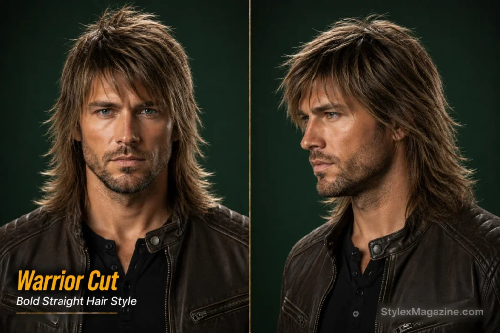 Warrior cut hairstyle for men with straight hair featuring textured layers and long masculine flow.