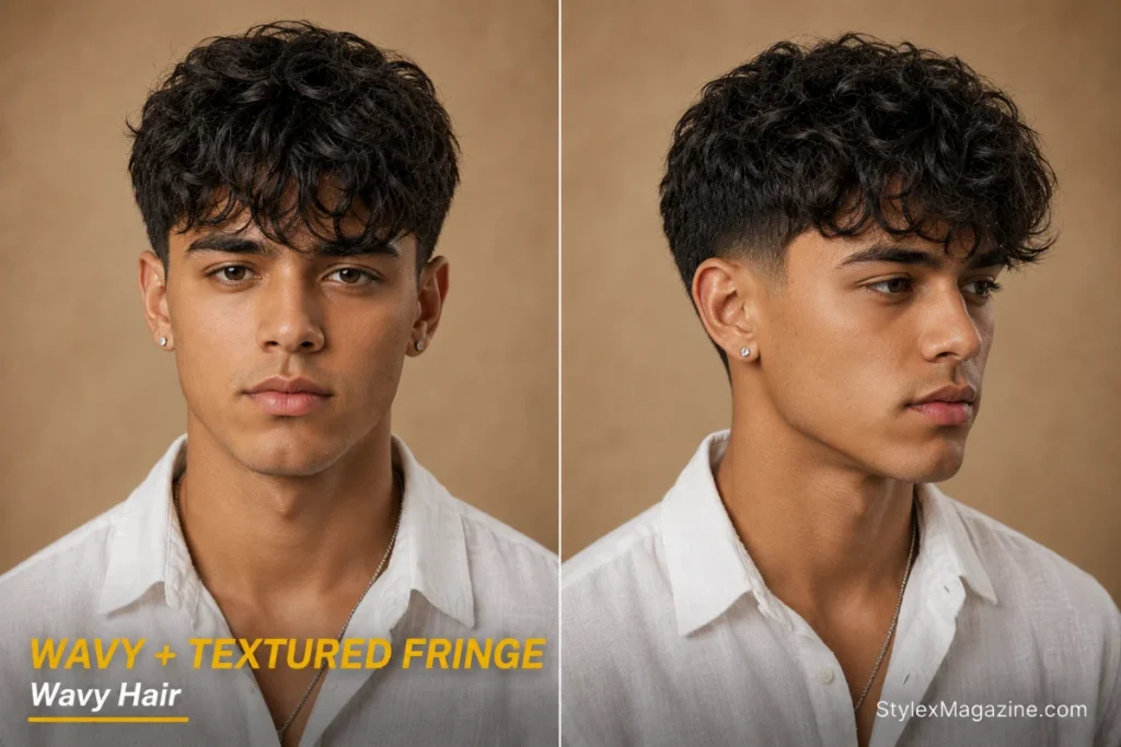 Wavy hair with textured fringe for men with a large forehead, front and side view 
