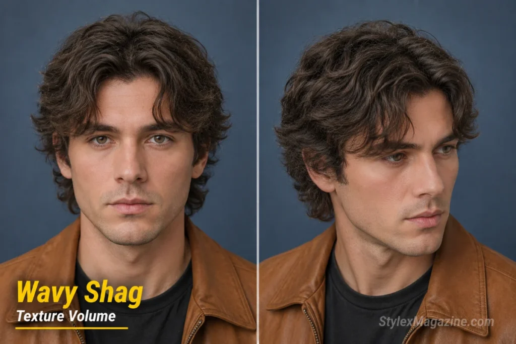 Wavy shag haircut on a man with thinning wavy hair showing layered waves adding natural volume