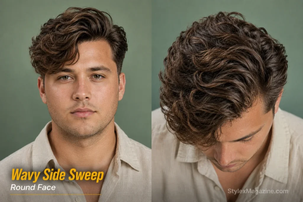 Wavy side sweep on round face showing natural wave movement to one side with mid fade