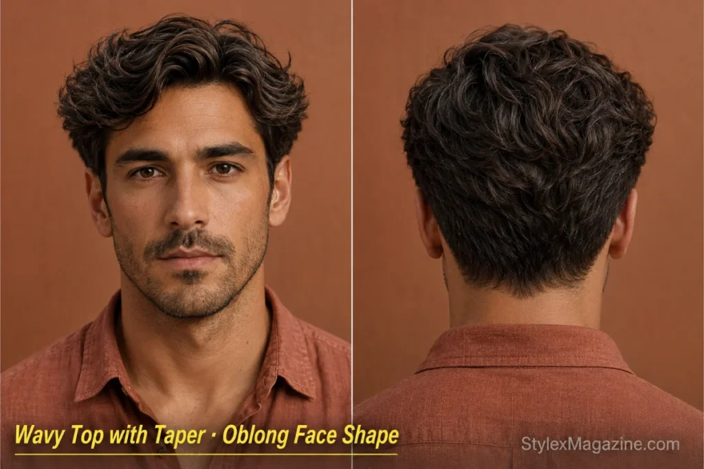Wavy top with taper on a man with oblong face shape, natural waves spreading horizontally at 2.5 inches, soft low taper