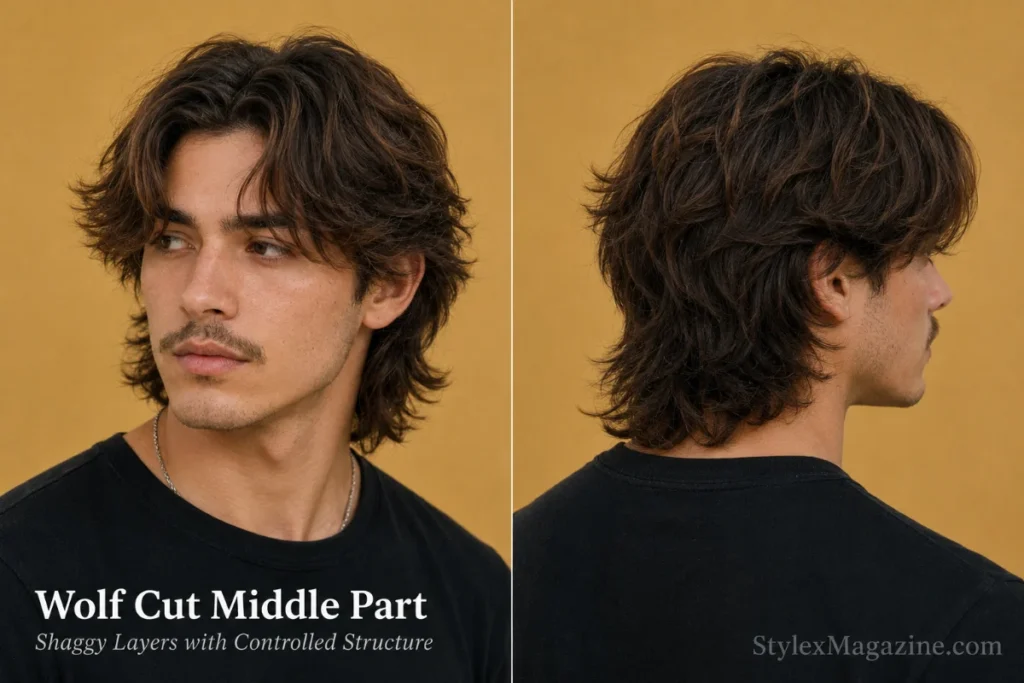 Man with a shaggy middle part wolf cut featuring layered volume and tapered ends.