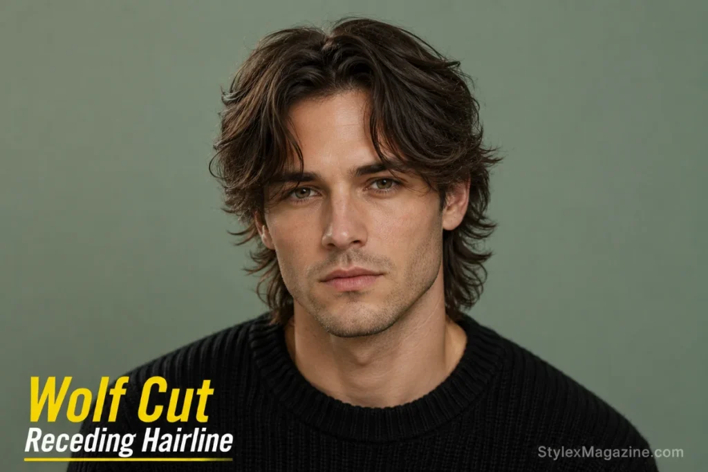 Wolf cut on receding hairline showing choppy curtain-style fringe covering temples with layers at sides and back