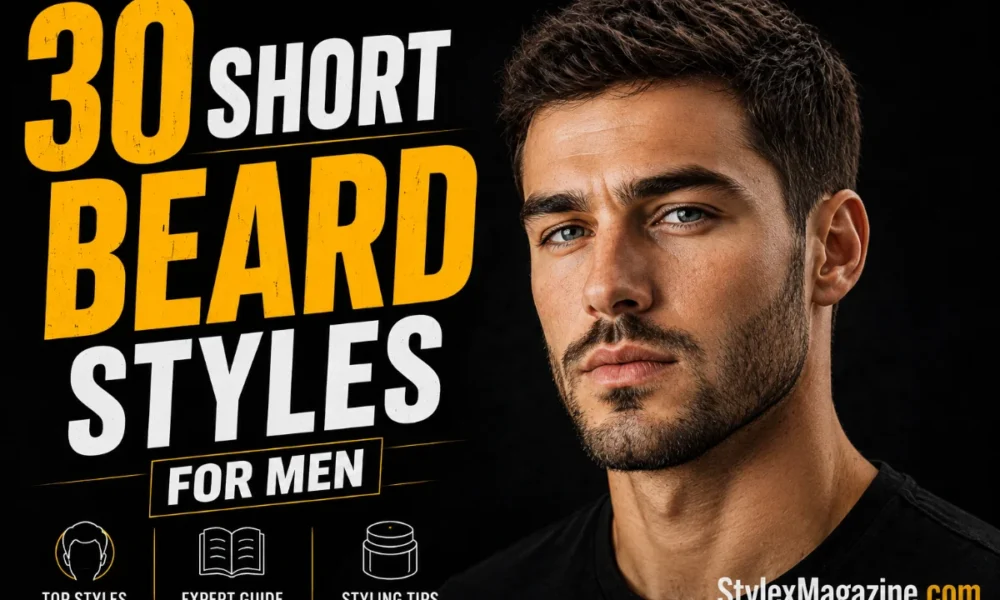 30 Short Beard Styles for Men featured image showing a bearded man with bold yellow and white typography on a black background.