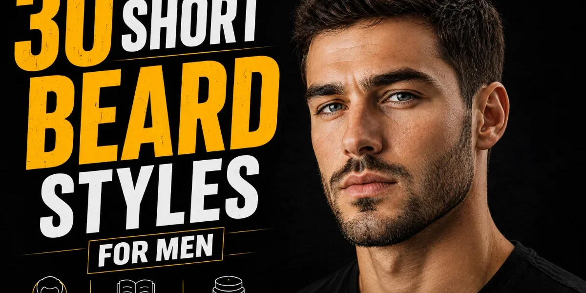 30 Best Short Beard Styles For Men (2026) 30 Short Beard Styles for Men featured image showing a bearded man with bold yellow and white typography on a black background.