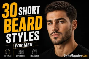 30 Best Short Beard Styles For Men (2026) 30 Short Beard Styles for Men featured image showing a bearded man with bold yellow and white typography on a black background.