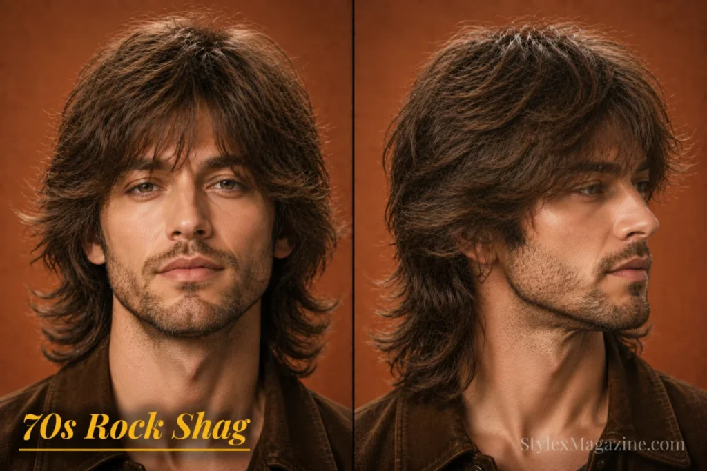 70s rock shag haircut for men featuring feathered layers, long texture, and retro-inspired volume.