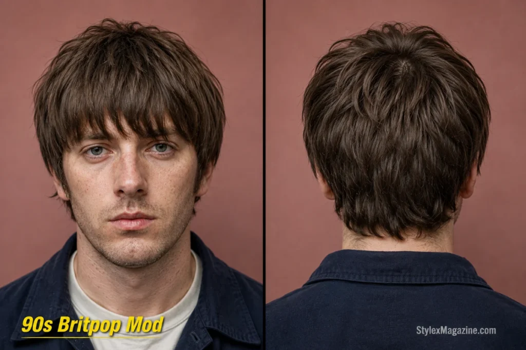 90s Britpop mod haircut with heavy low fringe, choppy layers, and fuller scissor-cut sides.