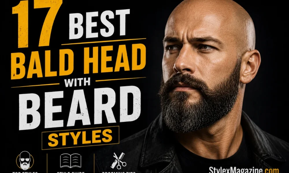 17 Best Bald Head with Beard Styles featured image showing a bald man with a full, neatly groomed beard, with bold yellow and white typography on a black background.