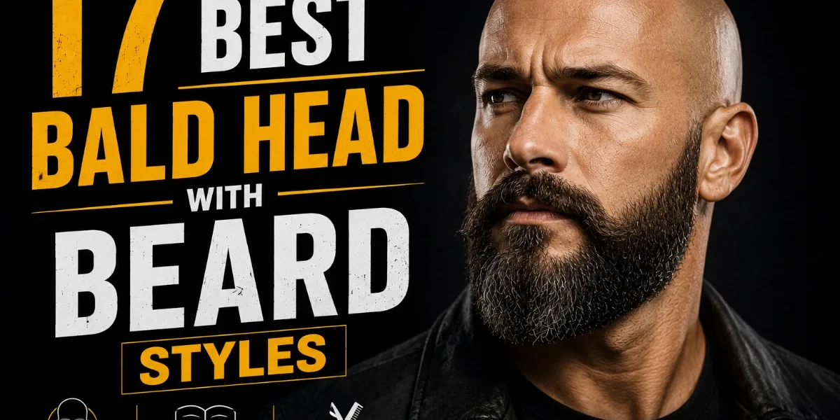 17 Best Bald Head with Beard Styles (2026) 17 Best Bald Head with Beard Styles featured image showing a bald man with a full, neatly groomed beard, with bold yellow and white typography on a black background.