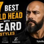 17 Best Bald Head with Beard Styles featured image showing a bald man with a full, neatly groomed beard, with bold yellow and white typography on a black background.
