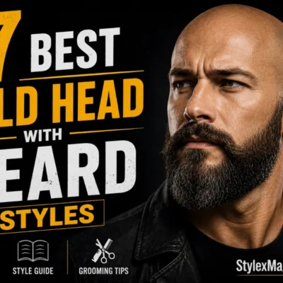 17 Best Bald Head with Beard Styles featured image showing a bald man with a full, neatly groomed beard, with bold yellow and white typography on a black background.