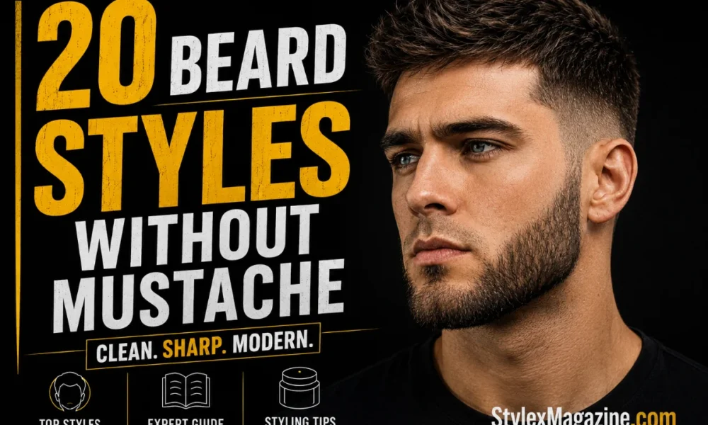 20 Beard Styles Without Mustache featured image showing a man with a defined beard and clean-shaven upper lip, with bold yellow and white typography on a black background.