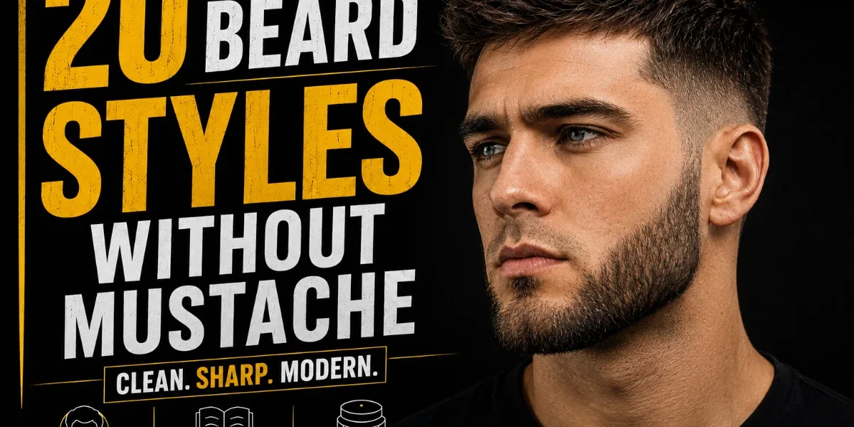 20 Best Beard Styles Without Mustache (2026) 20 Beard Styles Without Mustache featured image showing a man with a defined beard and clean-shaven upper lip, with bold yellow and white typography on a black background.