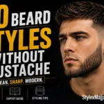 20 Beard Styles Without Mustache featured image showing a man with a defined beard and clean-shaven upper lip, with bold yellow and white typography on a black background.