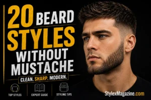 20 Best Beard Styles Without Mustache (2026) 20 Beard Styles Without Mustache featured image showing a man with a defined beard and clean-shaven upper lip, with bold yellow and white typography on a black background.