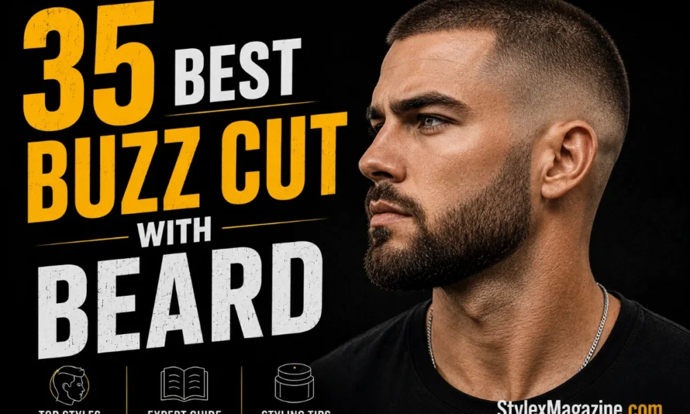 35 Best Buzz Cut with Beard styles featured image showing a man with a faded buzz cut and neatly groomed beard, with bold yellow and white typography on a black background.