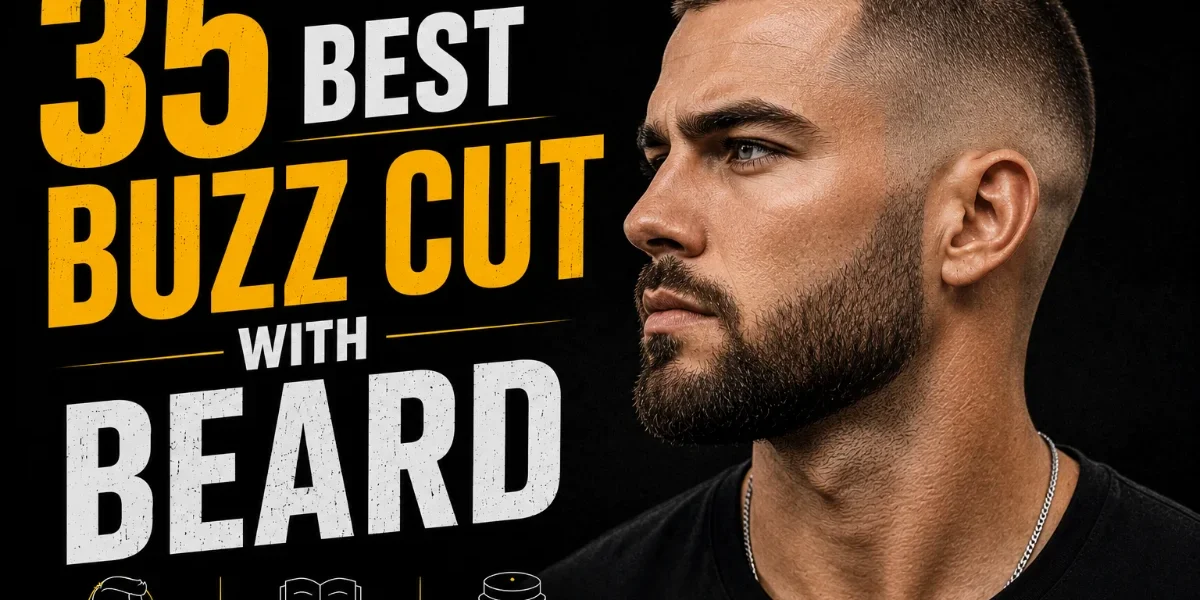 35 Buzz Cut with Beard Combos That Actually Work (2026) 35 Best Buzz Cut with Beard styles featured image showing a man with a faded buzz cut and neatly groomed beard, with bold yellow and white typography on a black background.