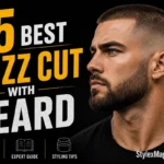 35 Best Buzz Cut with Beard styles featured image showing a man with a faded buzz cut and neatly groomed beard, with bold yellow and white typography on a black background.