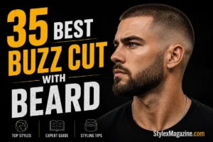 35 Buzz Cut with Beard Combos That Actually Work (2026) 35 Best Buzz Cut with Beard styles featured image showing a man with a faded buzz cut and neatly groomed beard, with bold yellow and white typography on a black background.