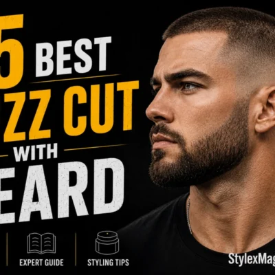 35 Best Buzz Cut with Beard styles featured image showing a man with a faded buzz cut and neatly groomed beard, with bold yellow and white typography on a black background.