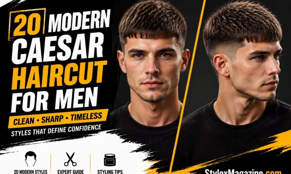 20 modern Caesar haircuts for men with a British model showcasing textured fringe, faded sides, and contemporary short hairstyle variations.