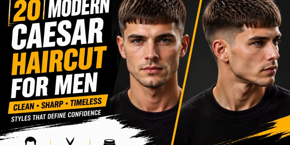 20 Best Caesar Haircuts For Men In 2026. 20 modern Caesar haircuts for men with a British model showcasing textured fringe, faded sides, and contemporary short hairstyle variations.