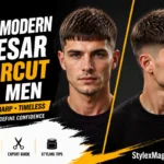 20 modern Caesar haircuts for men with a British model showcasing textured fringe, faded sides, and contemporary short hairstyle variations.