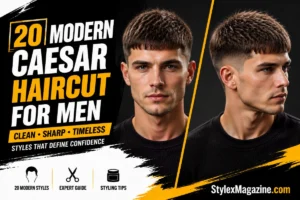 20 Best Caesar Haircuts For Men In 2026. 20 modern Caesar haircuts for men with a British model showcasing textured fringe, faded sides, and contemporary short hairstyle variations.