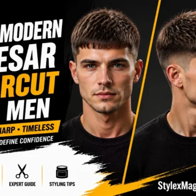 20 modern Caesar haircuts for men with a British model showcasing textured fringe, faded sides, and contemporary short hairstyle variations.