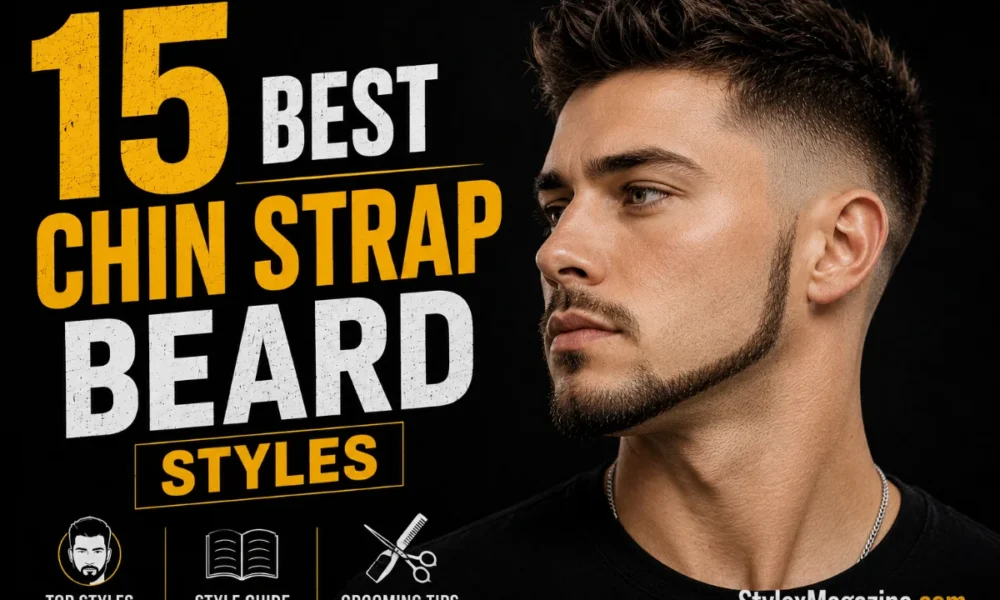 15 Best Chin Strap Beard Styles featured image showing a man with a sharply defined chin strap beard and faded haircut, with bold yellow and white typography on a black background.