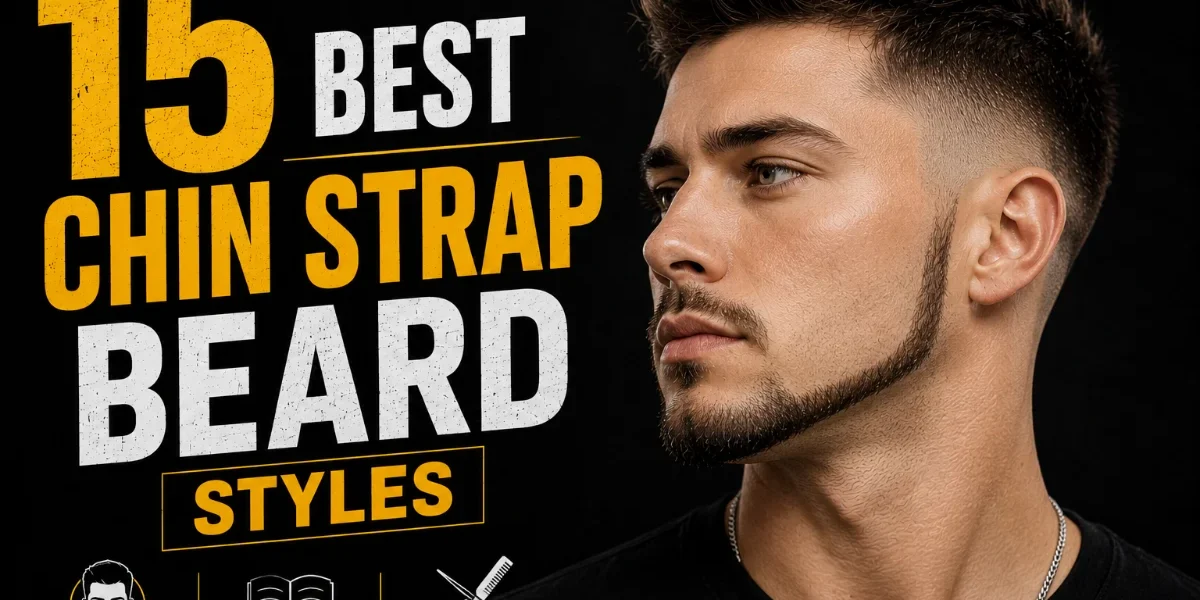 15 Best Chin Strap Beard Styles with Trim Guide (2026) 15 Best Chin Strap Beard Styles featured image showing a man with a sharply defined chin strap beard and faded haircut, with bold yellow and white typography on a black background.