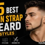 15 Best Chin Strap Beard Styles featured image showing a man with a sharply defined chin strap beard and faded haircut, with bold yellow and white typography on a black background.