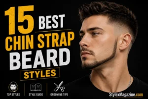 15 Best Chin Strap Beard Styles with Trim Guide (2026) 15 Best Chin Strap Beard Styles featured image showing a man with a sharply defined chin strap beard and faded haircut, with bold yellow and white typography on a black background.