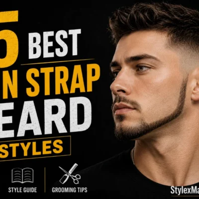 15 Best Chin Strap Beard Styles featured image showing a man with a sharply defined chin strap beard and faded haircut, with bold yellow and white typography on a black background.