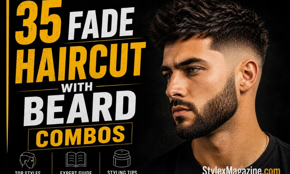 30 fade haircuts Beard Styles for Men featured image showing a bearded man with bold yellow and white typography on a black background.