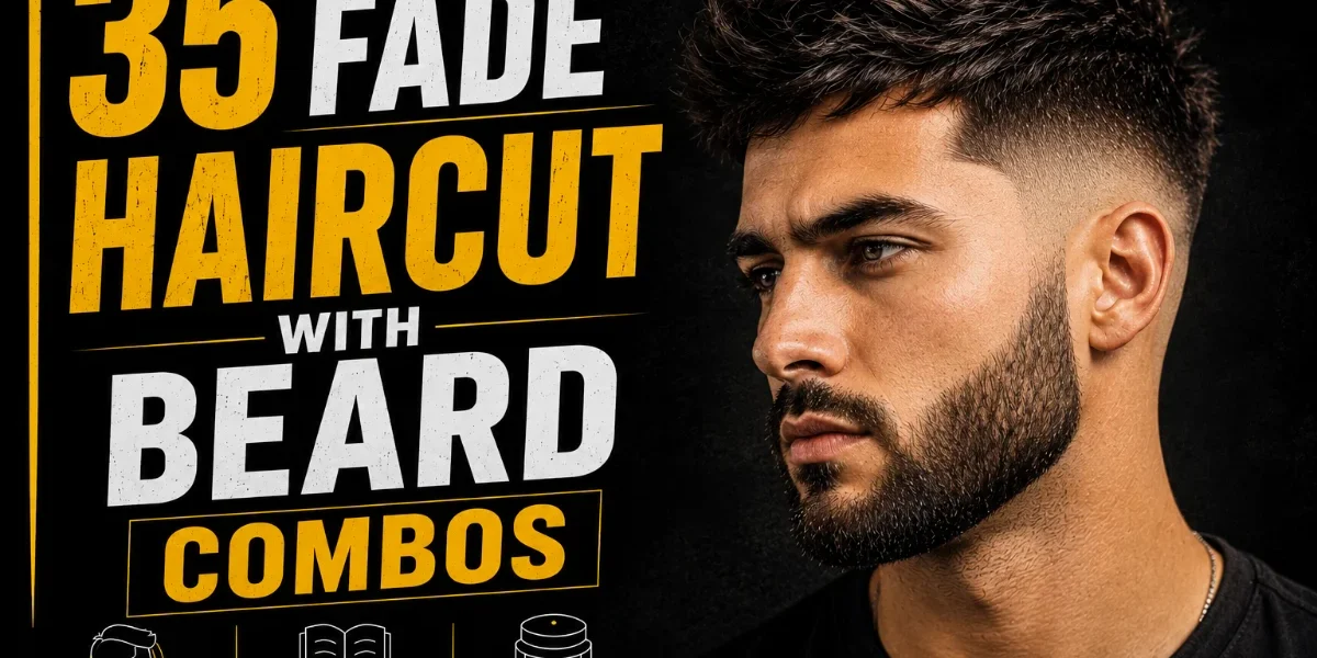30 fade haircuts Beard Styles for Men featured image showing a bearded man with bold yellow and white typography on a black background.