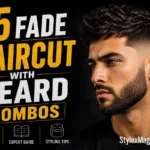 30 fade haircuts Beard Styles for Men featured image showing a bearded man with bold yellow and white typography on a black background.
